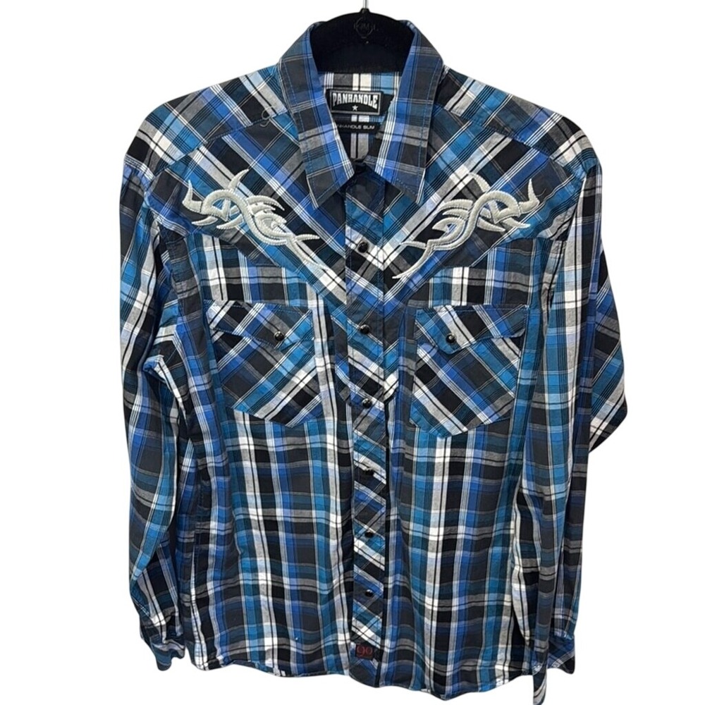 Panhandle Slim Mens Blue‎ Plaid Embroidered Cross Western Snap Shirt Medium